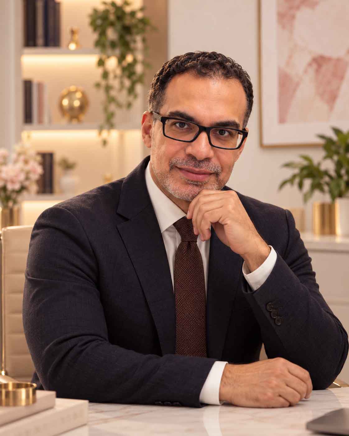 Portrait of Dr Hossam Elsheikh in a dark suit at his desk